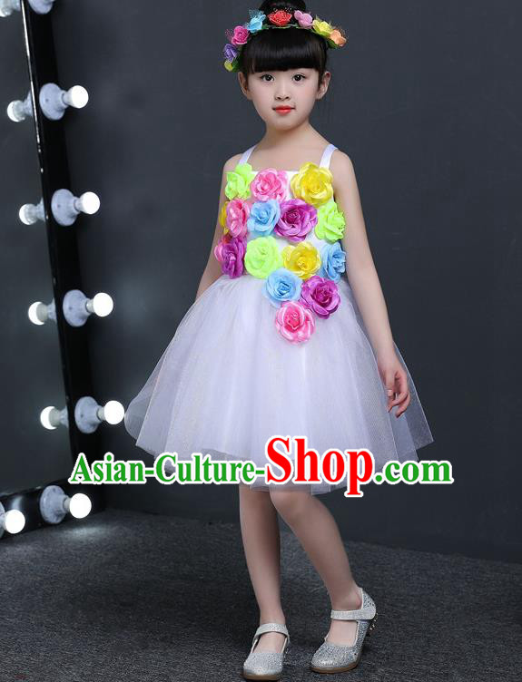 Top Grade Chinese Professional Performance Catwalks Costume, Children Princess Flowers White Veil Dress Modern Dance Clothing for Girls Kids