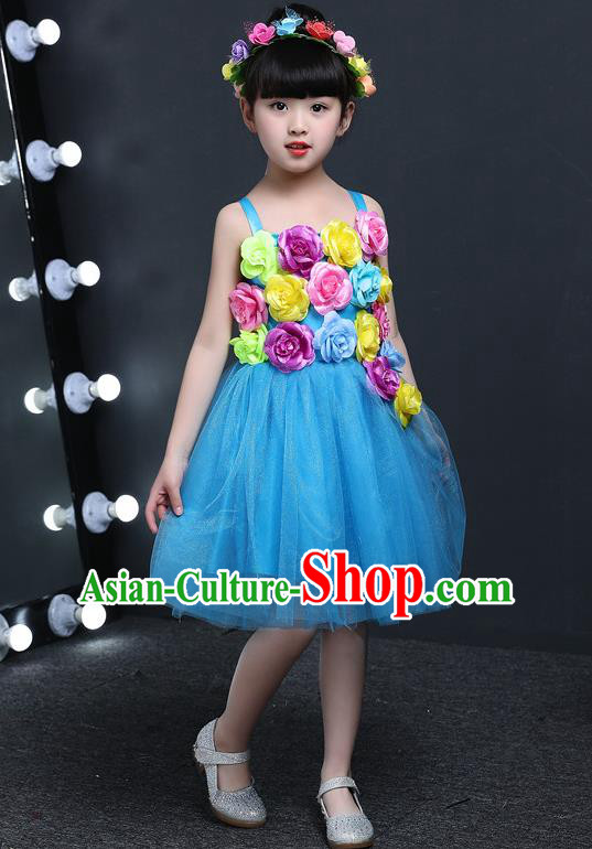 Top Grade Chinese Professional Performance Catwalks Costume, Children Princess Flowers Blue Veil Dress Modern Dance Clothing for Girls Kids