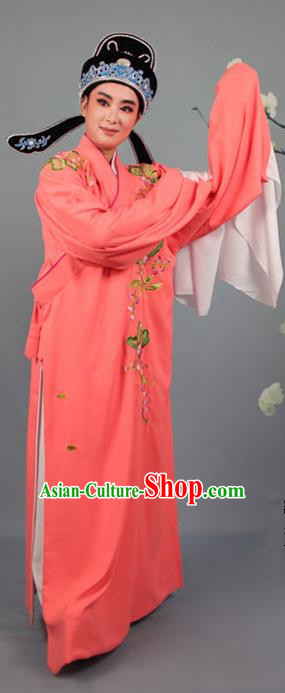 Top Grade Professional Beijing Opera Niche Costume Gifted Scholar Orange Embroidered Robe and Headwear, Traditional Ancient Chinese Peking Opera Embroidery Peach Blossom Clothing