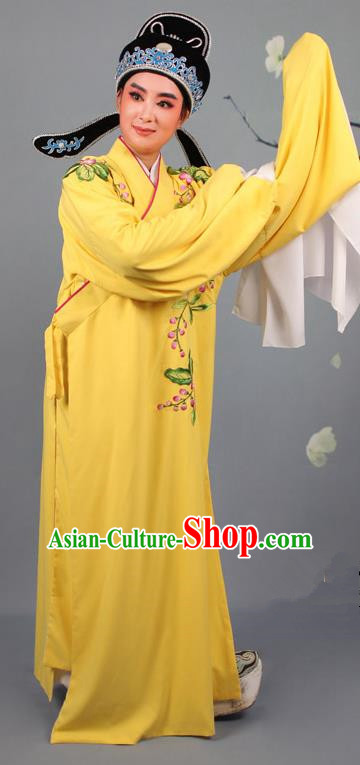 Top Grade Professional Beijing Opera Niche Costume Gifted Scholar Yellow Embroidered Robe and Headwear, Traditional Ancient Chinese Peking Opera Embroidery Peach Blossom Clothing