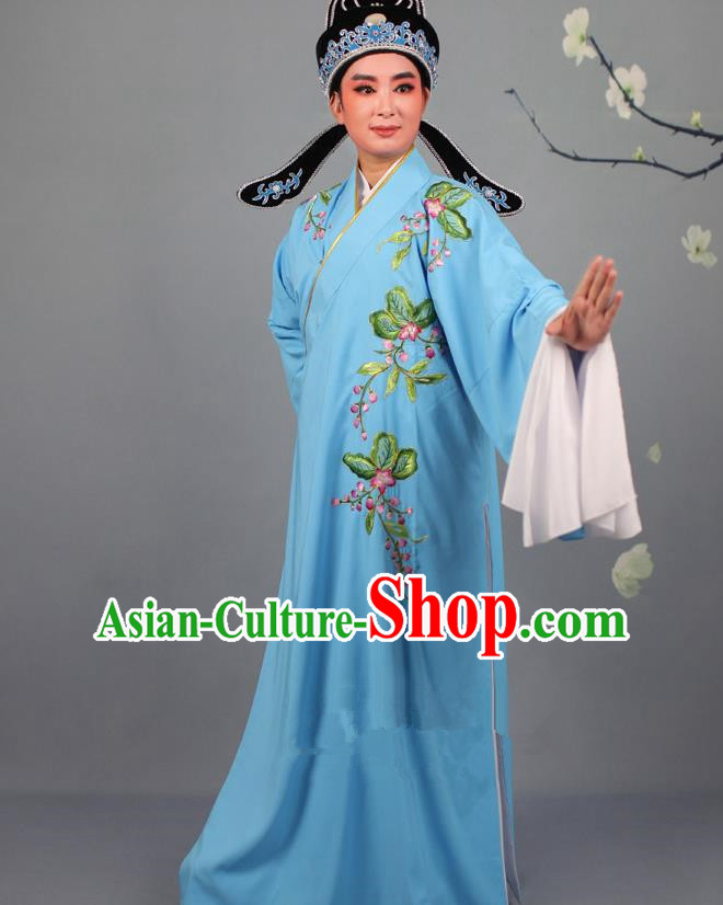 Top Grade Professional Beijing Opera Niche Costume Gifted Scholar Blue Embroidered Robe and Headwear, Traditional Ancient Chinese Peking Opera Embroidery Peach Blossom Clothing