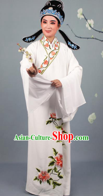 Top Grade Professional Beijing Opera Niche Costume Gifted Scholar Silk Embroidered Robe and Headwear, Traditional Ancient Chinese Peking Opera Embroidery Peony Clothing