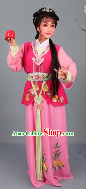 Top Grade Professional Beijing Opera Young Lady Costume Rosy Embroidered Dress, Traditional Ancient Chinese Peking Opera Maidservants Embroidery Clothing