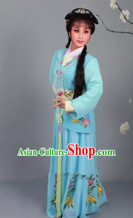 Top Grade Professional Beijing Opera Young Lady Costume Blue Embroidered Dress, Traditional Ancient Chinese Peking Opera Maidservants Embroidery Clothing