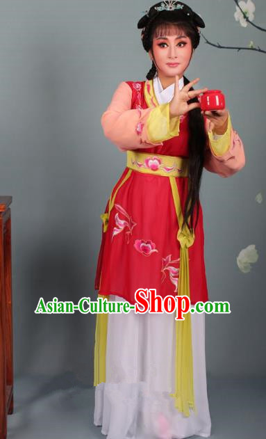 Top Grade Professional Beijing Opera Young Lady Costume Red Hua Tan Embroidered Dress, Traditional Ancient Chinese Peking Opera Maidservants Embroidery Clothing