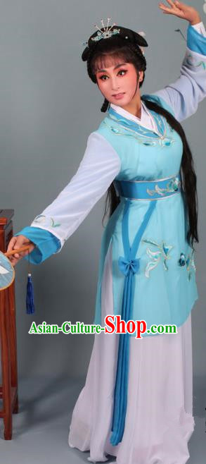 Top Grade Professional Beijing Opera Young Lady Costume Blue Hua Tan Embroidered Dress, Traditional Ancient Chinese Peking Opera Maidservants Embroidery Clothing