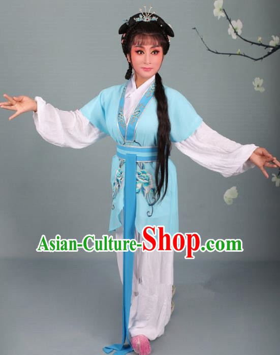 Top Grade Professional Beijing Opera Young Lady Costume Handmaiden Blue Embroidered Suit, Traditional Ancient Chinese Peking Opera Maidservants Embroidery Clothing