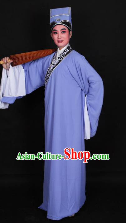 Top Grade Professional Beijing Opera Niche Costume Scholar Blue Robe Priest Frock, Traditional Ancient Chinese Peking Opera Young Men Embroidery Clothing