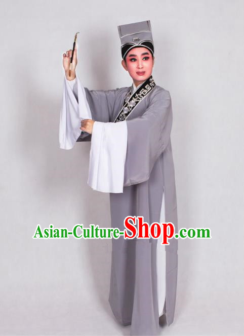 Top Grade Professional Beijing Opera Niche Costume Scholar Grey Robe Priest Frock, Traditional Ancient Chinese Peking Opera Young Men Embroidery Clothing