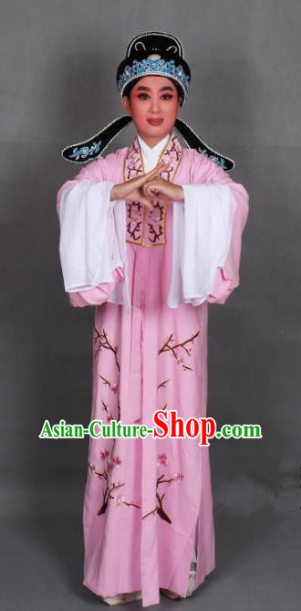 Top Grade Professional Beijing Opera Niche Costume Scholar Pink Embroidered Robe and Shoes, Traditional Ancient Chinese Peking Opera Young Men Embroidery Plum Blossom Cape Clothing