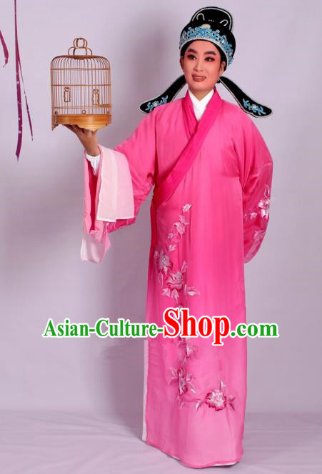 Top Grade Professional Beijing Opera Niche Costume Scholar Pink Double-deck Embroidered Robe and Hat, Traditional Ancient Chinese Peking Opera Young Men Embroidery Clothing