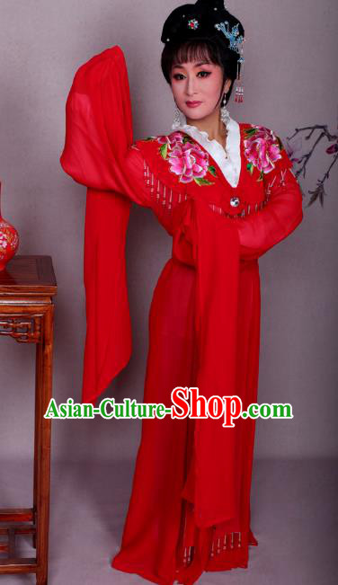 Top Grade Professional Beijing Opera Hua Tan Costume Palace Lady Red Embroidered Peony Dress, Traditional Ancient Chinese Peking Opera Diva Princess Embroidery Clothing