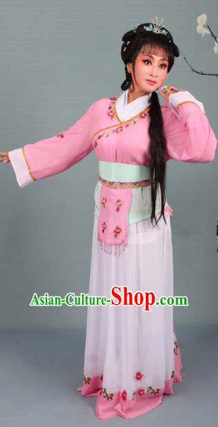 Top Grade Professional Beijing Opera Young Lady Costume Handmaiden Pink Embroidered Dress, Traditional Ancient Chinese Peking Opera Maidservants Embroidery Clothing