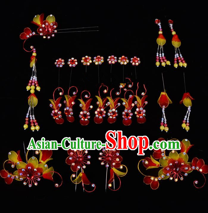 Top Grade Professional Beijing Opera Diva Red Hair Accessories Complete Set, Traditional Ancient Chinese Peking Opera Tassel Step Shake Hua Tan Hairpins Headwear