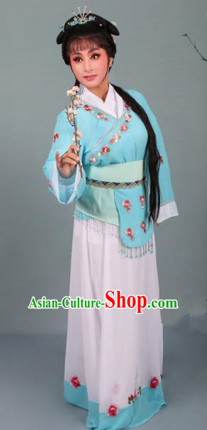 Top Grade Professional Beijing Opera Young Lady Costume Handmaiden Sky Blue Embroidered Dress, Traditional Ancient Chinese Peking Opera Maidservants Embroidery Clothing