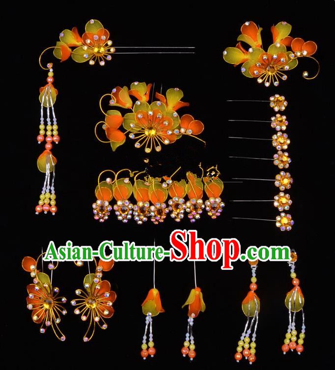 Top Grade Professional Beijing Opera Diva Orange Hair Accessories Complete Set, Traditional Ancient Chinese Peking Opera Tassel Step Shake Hua Tan Hairpins Headwear
