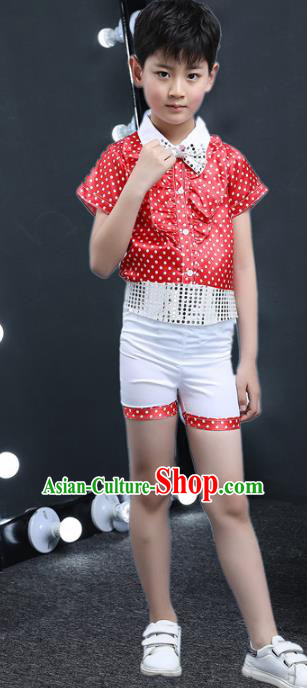 Top Grade Chinese Professional Performance Catwalks Costume, Children Chorus Red Uniform Modern Dance Clothing for Boys Kids