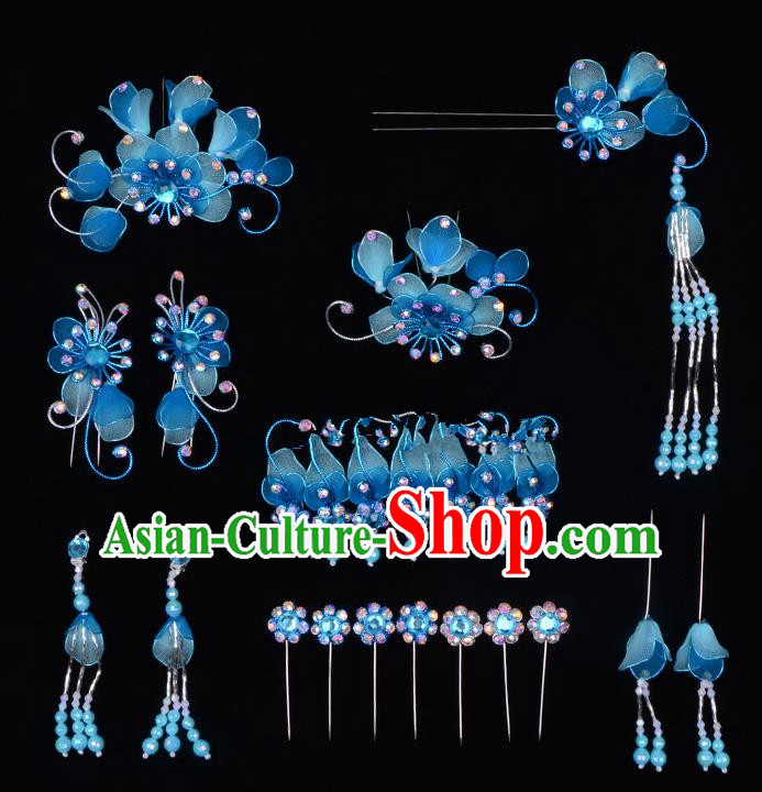 Top Grade Professional Beijing Opera Diva Blue Hair Accessories Complete Set, Traditional Ancient Chinese Peking Opera Tassel Step Shake Hua Tan Hairpins Headwear