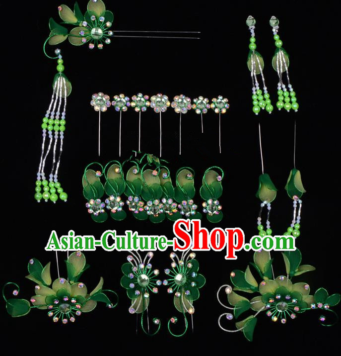 Top Grade Professional Beijing Opera Diva Green Hair Accessories Complete Set, Traditional Ancient Chinese Peking Opera Tassel Step Shake Hua Tan Hairpins Headwear