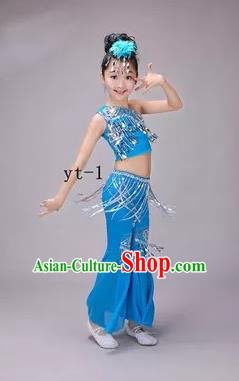 Traditional Chinese Dai Nationality Peacock Dance Costume, Children Folk Dance Ethnic Costume, Chinese Minority Nationality Dance Blue Dress for Kids
