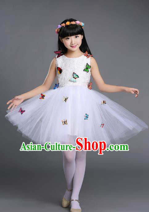 Top Grade Chinese Professional Performance Chorus Catwalks Costume, Children White Veil Bubble Butterfly Full Dress Modern Dance Dress for Girls Kids