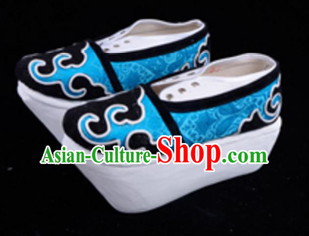 Top Grade Professional Beijing Opera Niche Blue Shoes, Traditional Ancient Chinese Peking Opera Young Men Flange Shoes