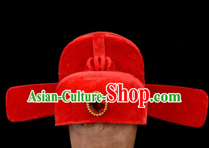 Top Grade Professional Beijing Opera Niche Costume Official Red Hat Headwear, Traditional Ancient Chinese Peking Opera Young Men Headpiece Black Gauze Cap