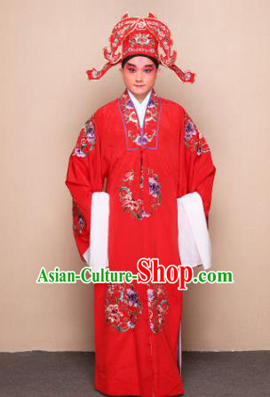 Top Grade Professional Beijing Opera Niche Costume Lang Scholar Red Embroidered Robe and Headwear, Traditional Ancient Chinese Peking Opera Groom Embroidery Clothing