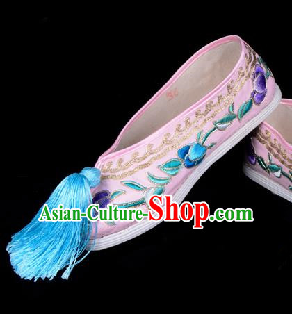 Top Grade Professional Beijing Opera Hua Tan Embroidered Pink Cloth Shoes, Traditional Ancient Chinese Peking Opera Diva Princess Blood Stained Shoes