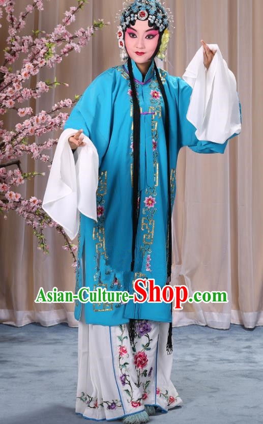 Top Grade Professional Beijing Opera Diva Costume Palace Lady Blue Embroidered Cape, Traditional Ancient Chinese Peking Opera Princess Embroidery Dress Clothing