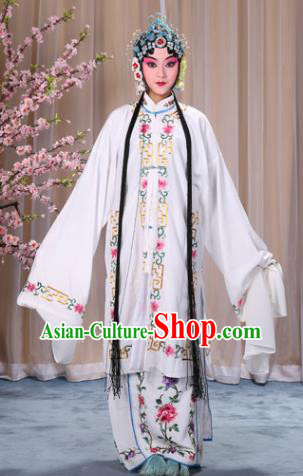 Top Grade Professional Beijing Opera Diva Costume Palace Lady White Embroidered Cape, Traditional Ancient Chinese Peking Opera Princess Embroidery Dress Clothing