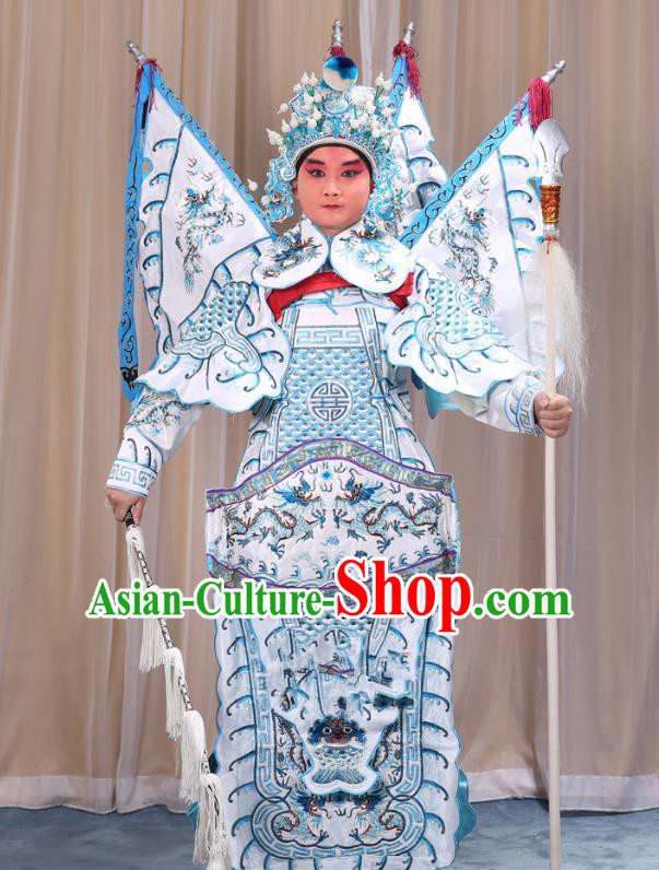 Traditional China Beijing Opera Takefu General White Costume and Headwear Complete Set, Ancient Chinese Peking Opera Wu-Sheng Military Officer Clothing