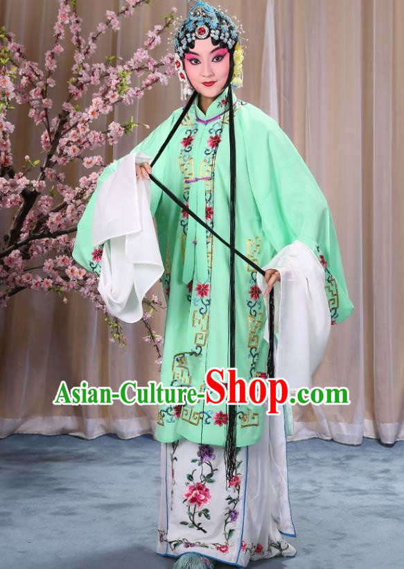 Top Grade Professional Beijing Opera Diva Costume Palace Lady Green Embroidered Cape, Traditional Ancient Chinese Peking Opera Princess Embroidery Dress Clothing