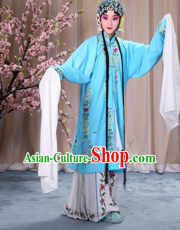 Top Grade Professional Beijing Opera Diva Costume Palace Lady Light Blue Embroidered Cape, Traditional Ancient Chinese Peking Opera Princess Embroidery Dress Clothing