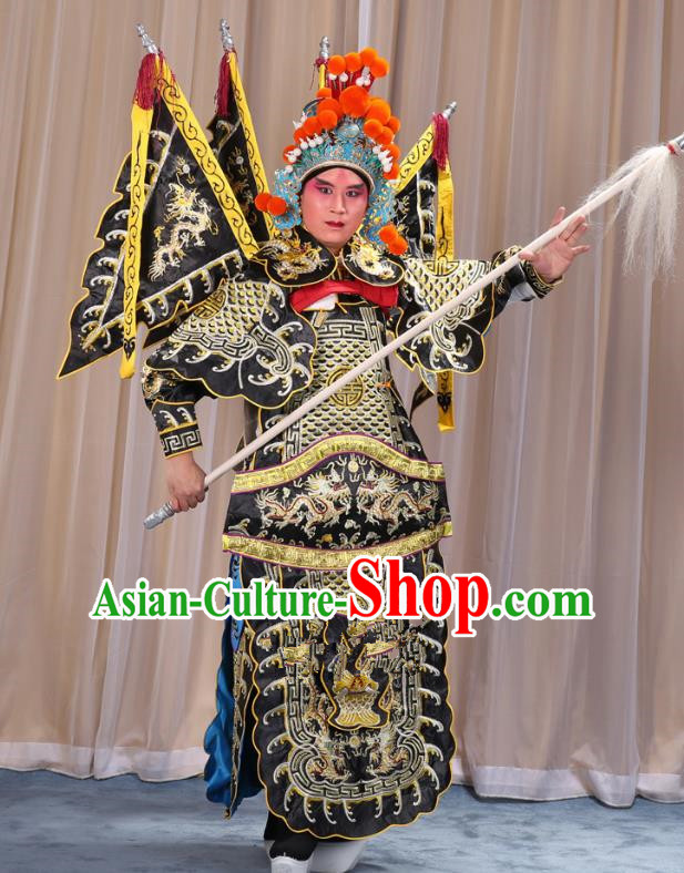 Traditional China Beijing Opera Takefu General Black Costume and Headwear Complete Set, Ancient Chinese Peking Opera Wu-Sheng Military Officer Clothing