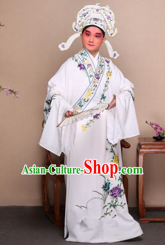 Top Grade Professional Beijing Opera Niche Costume Gifted Scholar White Embroidered Robe and Shoes, Traditional Ancient Chinese Peking Opera Embroidery Peony Clothing