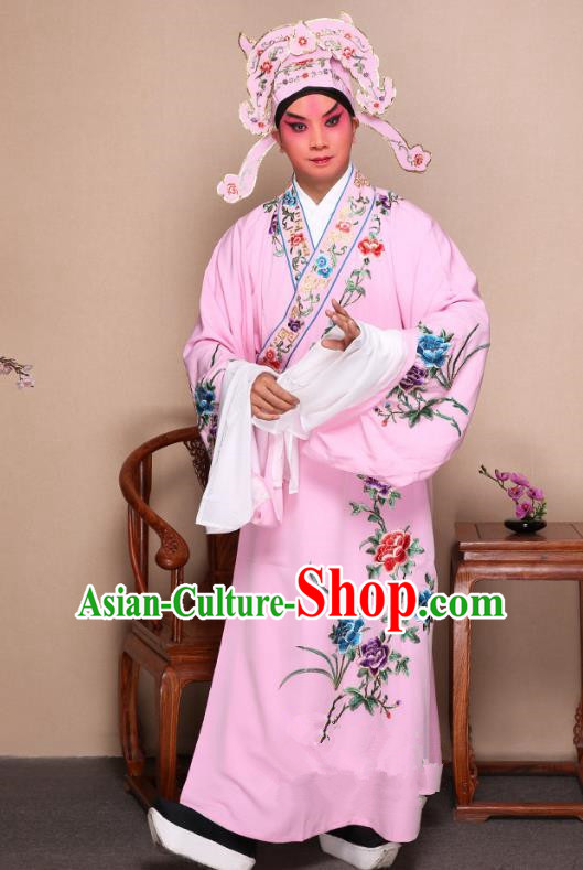 Top Grade Professional Beijing Opera Niche Costume Gifted Scholar Pink Embroidered Robe and Shoes, Traditional Ancient Chinese Peking Opera Embroidery Peony Clothing