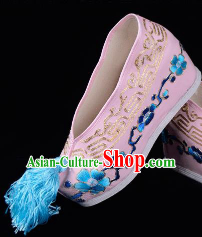 Top Grade Professional Beijing Opera Hua Tan Embroidered Plum BlossomHidden Elevator Pink Satin Shoes, Traditional Ancient Chinese Peking Opera Diva Princess Blood Stained Shoes