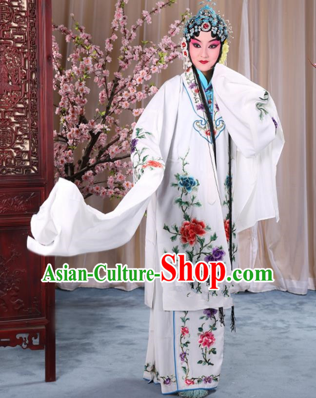 Top Grade Professional Beijing Opera Imperial Consort Costume Hua Tan White Embroidered Cape, Traditional Ancient Chinese Peking Opera Diva Embroidery Peony Clothing