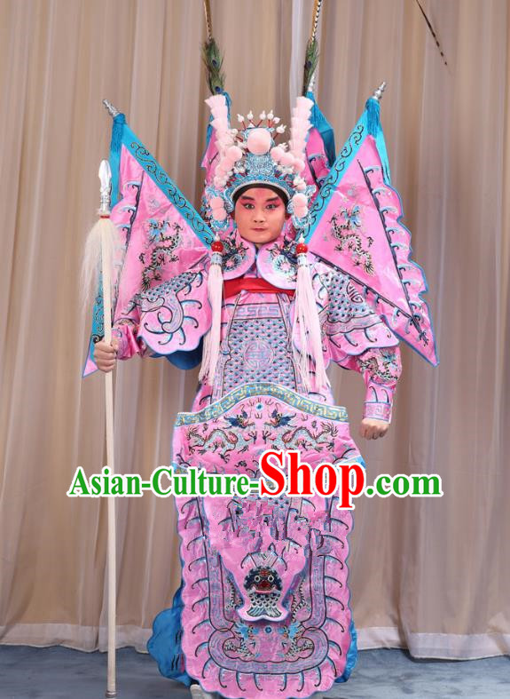 Traditional China Beijing Opera Takefu General Pink Costume and Headwear Complete Set, Ancient Chinese Peking Opera Wu-Sheng Military Officer Clothing