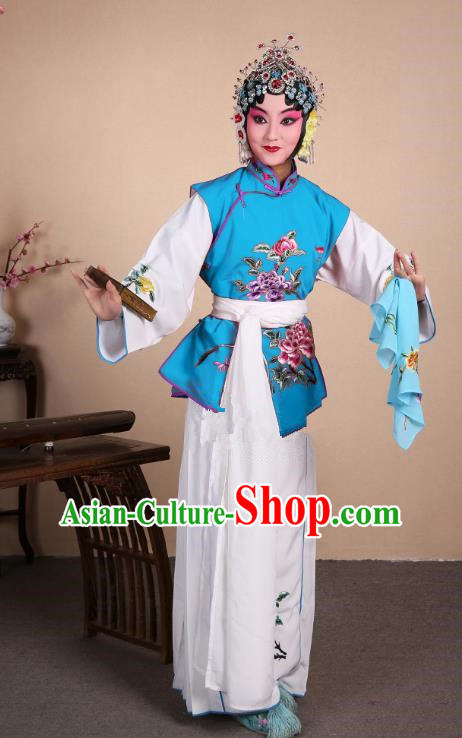 Top Grade Professional Beijing Opera Maidservants Costume Hua Tan Blue Embroidered Waistcoat, Traditional Ancient Chinese Peking Opera Diva Embroidery Dress Clothing