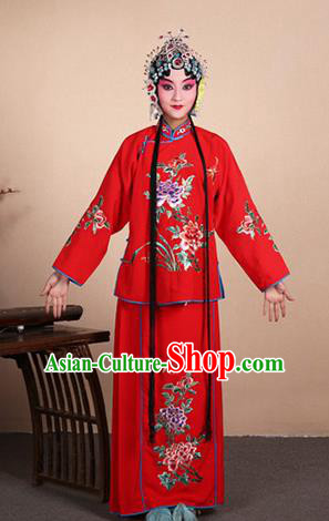 Top Grade Professional Beijing Opera Jordan-Sitting Costume Hua Tan Red Embroidered Dress, Traditional Ancient Chinese Peking Opera Maidservants Embroidery Clothing