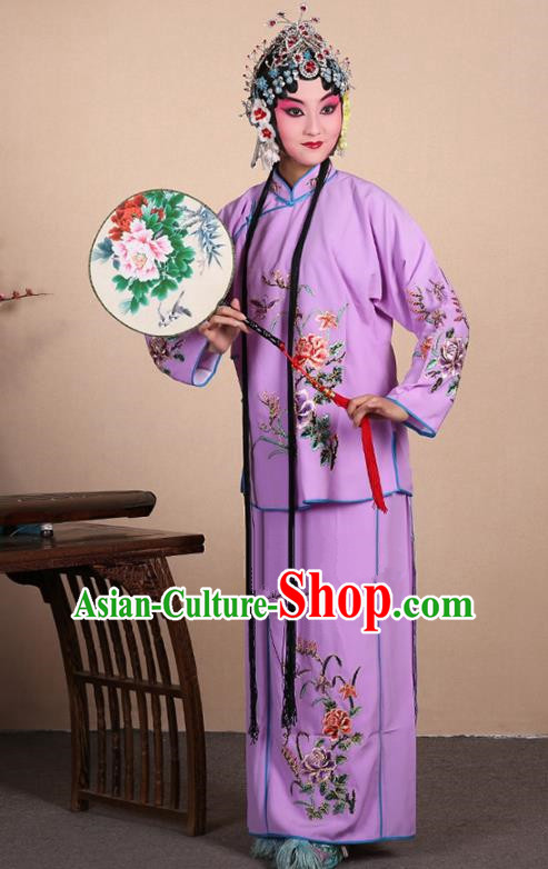 Top Grade Professional Beijing Opera Jordan-Sitting Costume Hua Tan Purple Embroidered Dress, Traditional Ancient Chinese Peking Opera Maidservants Embroidery Clothing