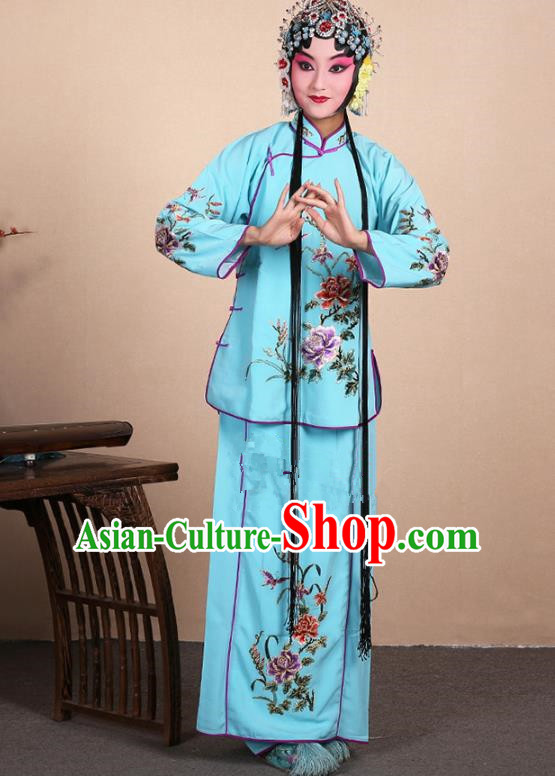 Top Grade Professional Beijing Opera Jordan-Sitting Costume Hua Tan Blue Embroidered Dress, Traditional Ancient Chinese Peking Opera Maidservants Embroidery Clothing