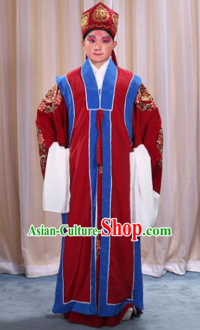 Top Grade Professional Beijing Opera Old Men Costume Long Red Waistcoat, Traditional Ancient Chinese Peking Opera Laosheng-role Ministry Councillor Clothing