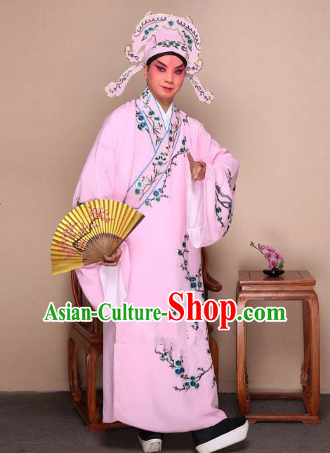 Top Grade Professional Beijing Opera Niche Costume Gifted Scholar Pink Embroidered Wintersweet Robe, Traditional Ancient Chinese Peking Opera Embroidery Clothing