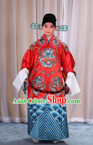 Top Grade Professional Beijing Opera Emperor Costume Red Embroidered Robe and Shoes, Traditional Ancient Chinese Peking Opera Royal Highness Gwanbok Clothing