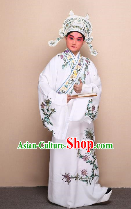 Top Grade Professional Beijing Opera Niche Costume Gifted Scholar White Embroidered Chrysanthemum Robe, Traditional Ancient Chinese Peking Opera Embroidery Clothing