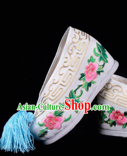 Top Grade Professional Beijing Opera Hua Tan Embroidered Peony Hidden Elevator White Satin Shoes, Traditional Ancient Chinese Peking Opera Diva Princess Blood Stained Shoes
