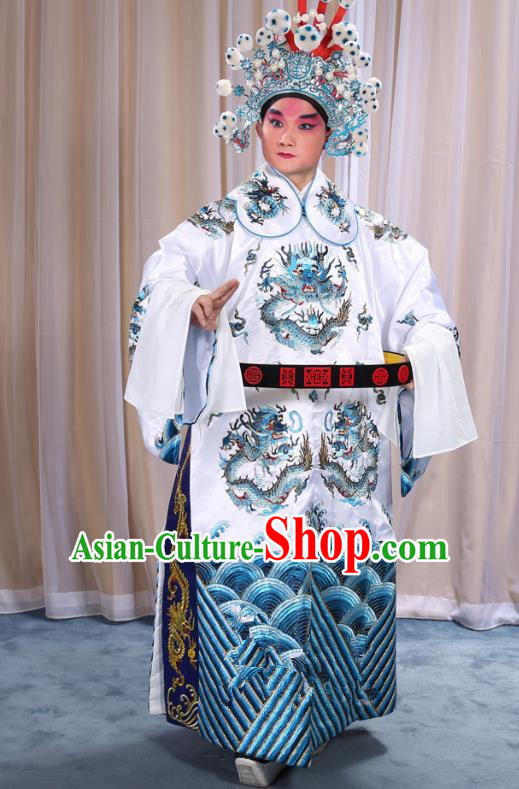 Top Grade Professional Beijing Opera Emperor Costume White Embroidered Robe and Shoes, Traditional Ancient Chinese Peking Opera Royal Highness Gwanbok Clothing